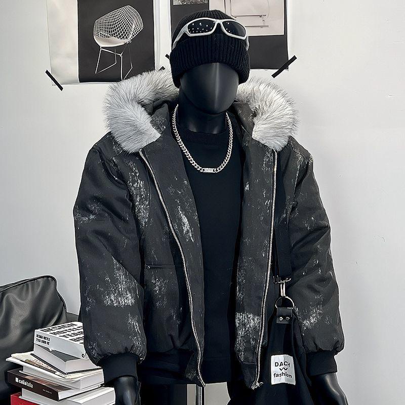 Мужская толстовка с капюшоном и принтом тай-дай 2025 года с меховым воротником - Модная, плотная и теплая хлопковая верхняя одежда