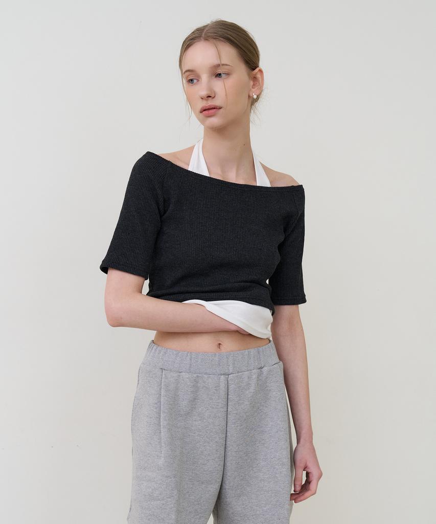 BIBYSEOB Boat Neck Layered T-Shirt Charcoal [T61]