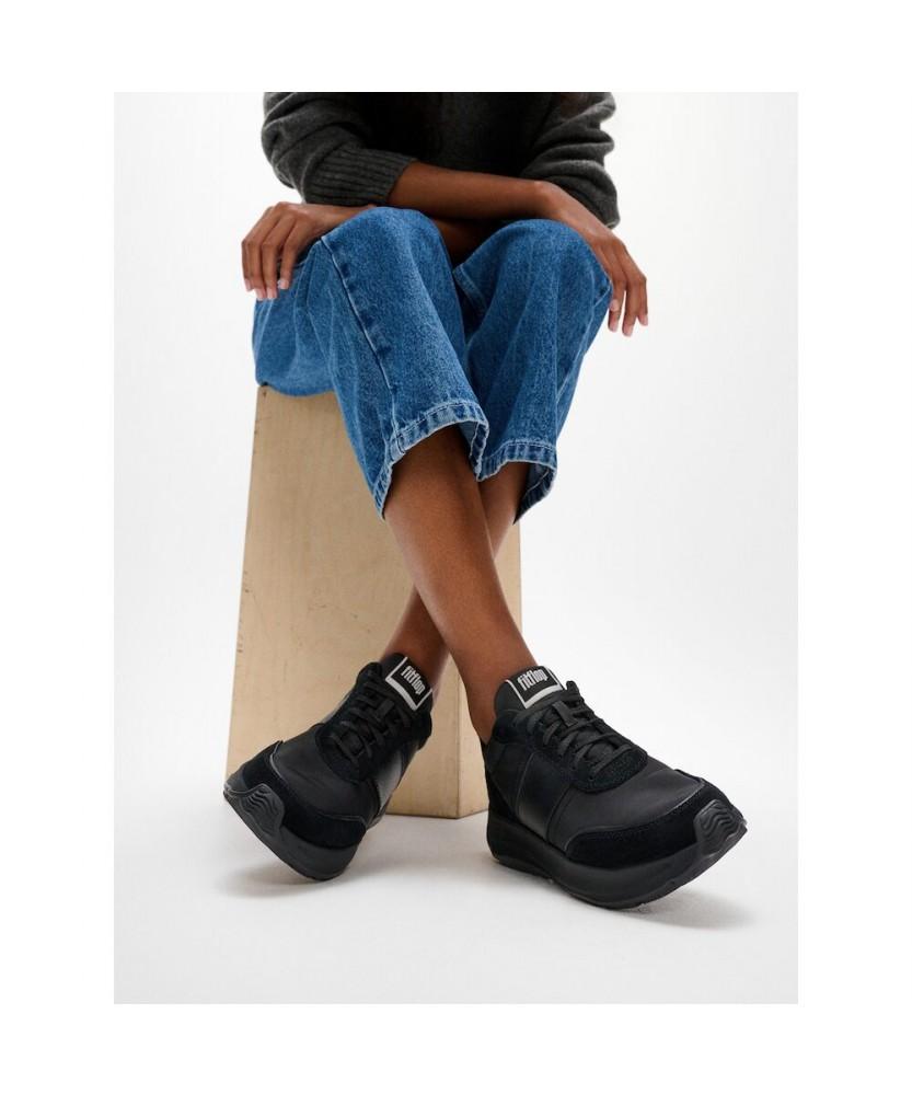 Fitflop Women'S F-Mode Flow Fabric/Suede/Leather Platform Sneakers - All Black (Ft61K2N015)