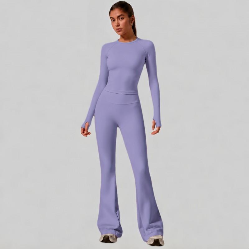 Womens High-Waisted Yoga Set With Butt-Lifting Effect 3-Section Waist Design Long Sleeve Top Flared Leggings 90% Nylon 10%