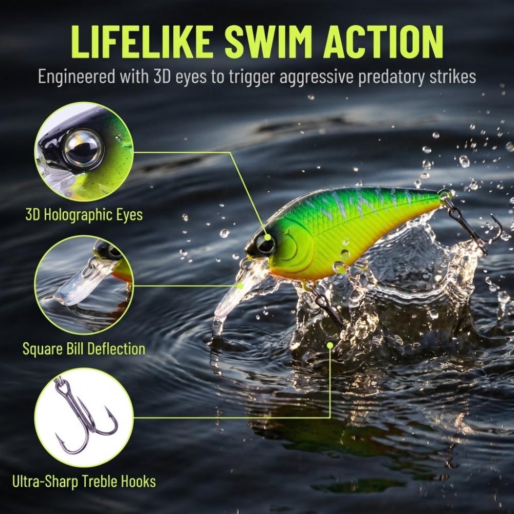 6PCS with Hook Square Bill Crankbait with 3D Eyes Bass Fishing Lures Crank Bait For Bass Fishing