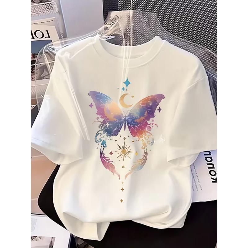 Celestial Moon Sun Butterfly Graphic T-Shirt Women’s Casual Crew Neck Short Sleeve Soft Comfortable for Summer Daily Wear
