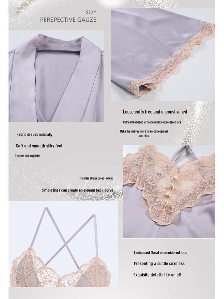 Элегантный кружевной пижамный комплект для весны/лета: Ночная сорочка-майка с открытой спиной и кардиган