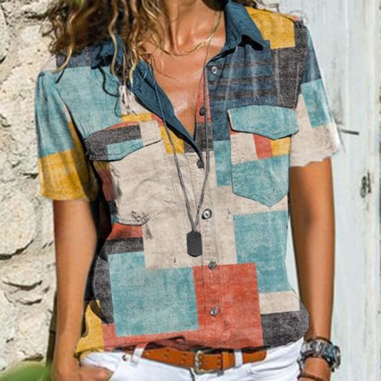 Women Short Sleeve Turn-down Collar Single-breasted Printing Casual T-shirt Blouse Streetwear