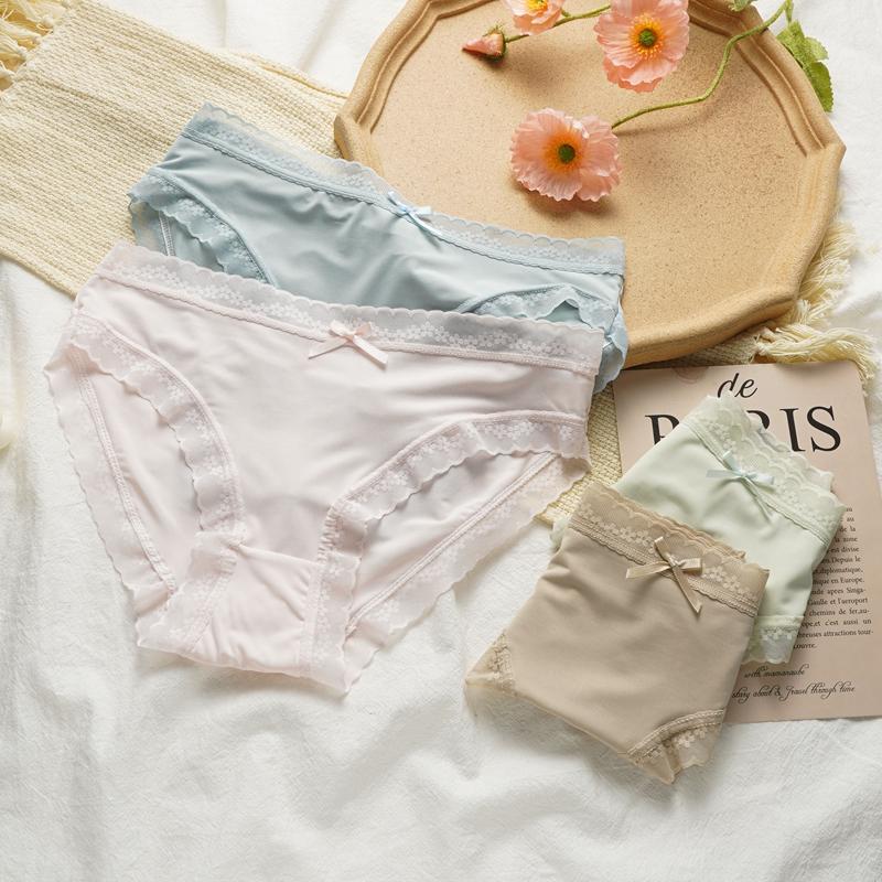 Женское летнее тонкое нижнее белье из чистого хлопка, бесшовное, со средней посадкой, с кружевной кромкой, для девочек