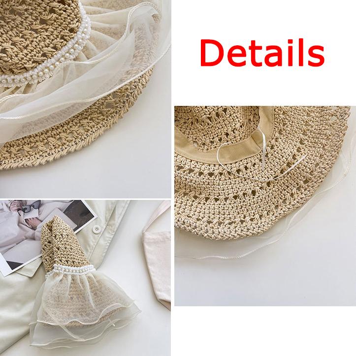 WTEMPO Хаки-бежевые элегантные кружевные соломенные шляпы с большими полями, женские летние каникулы, пляжные сетчатые солнцезащитные шляпы с морским жемчугом