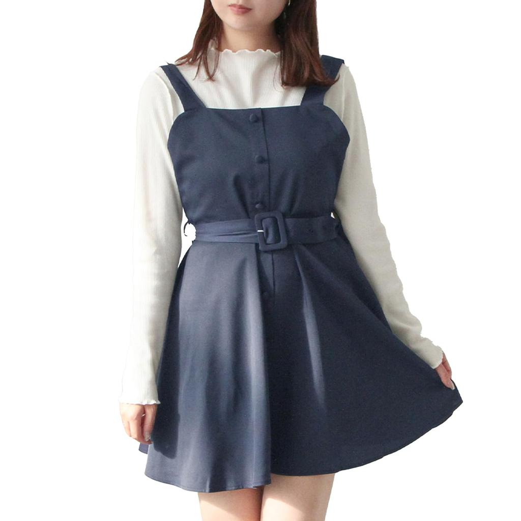 [Yumetembo] Jumper Skirt, Front Button Jumper Skirt Dress, Mini, Navy