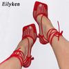 Fashion Eilyken Summer Autumn Sexy Mesh Pumps Sandals Female Square Toe High Heel Lace Up Cross-tied Stiletto Hollow Dress Stripper Shoe