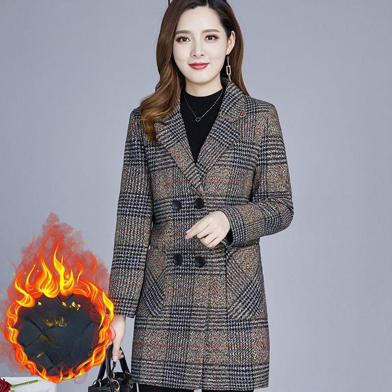 Autumn and Winter Coat Temperament Mid-length Blouse Women's Plaid Windbreaker