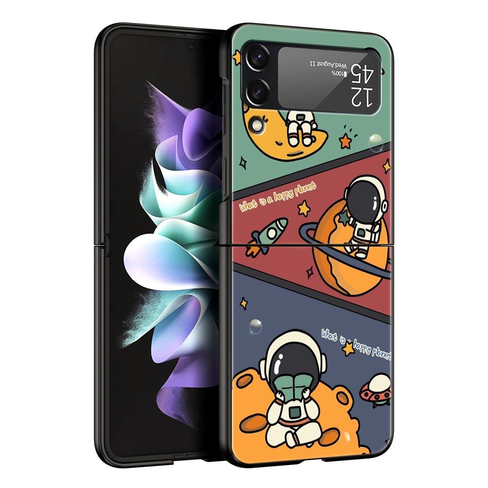 Cartoon Cute Cosmonaut Hard PC Phone Case For Samsung Galaxy Z Flip 7 6 5 4 Black Cover For Galaxy Z Flip3 Foldable Fundas Shell