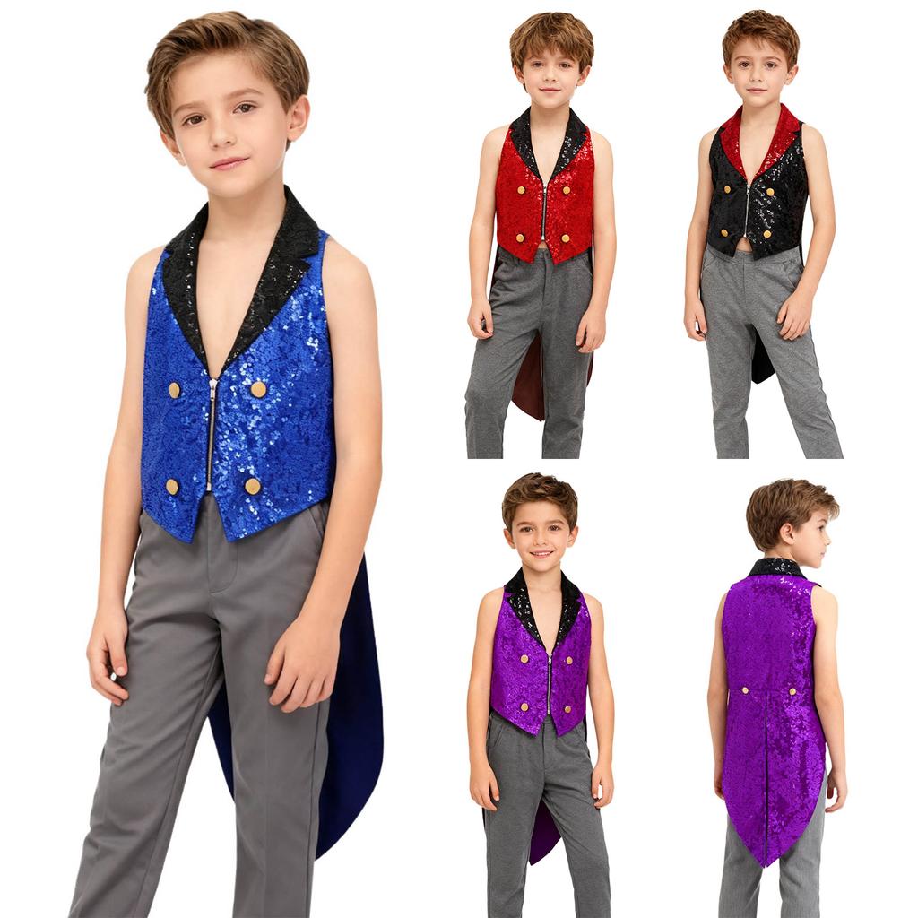 Boys Sparkly Sequins Medieval Vest Front Zip Victorian Waistcoat Circus Tailcoat Halloween Costume