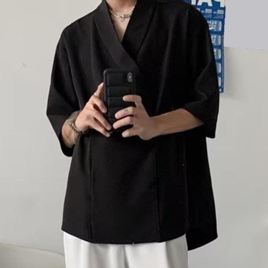 Мужская летняя рубашка с v-образным вырезом, свободная мешковатая однотонная мягкая хип-хоп рубашка с короткими рукавами, мягкий дышащий повседневный пуловер, уличная одежда, топ для стилиста