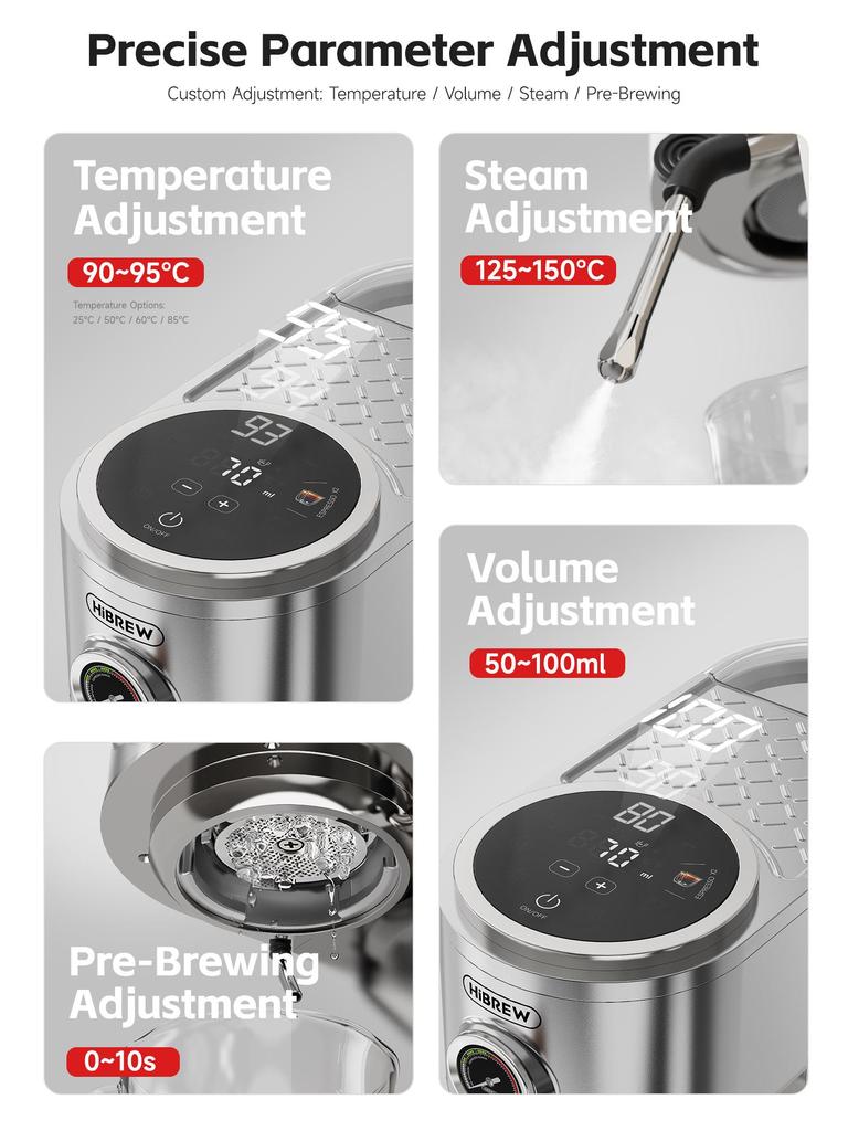 HiBREW H13 Semi-automatic Coffee Machine, Dual Boiler System with 20-Bar Pump Pressure, Multi-function Brewing Modes, Adjustable Drip Tray