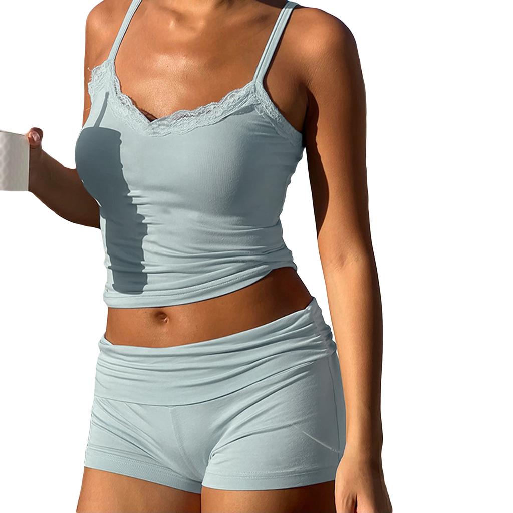 Women's Summer 2 Piece Outfits Sleeveless V Neck Lace Trim Camisole Skinny Shorts Set