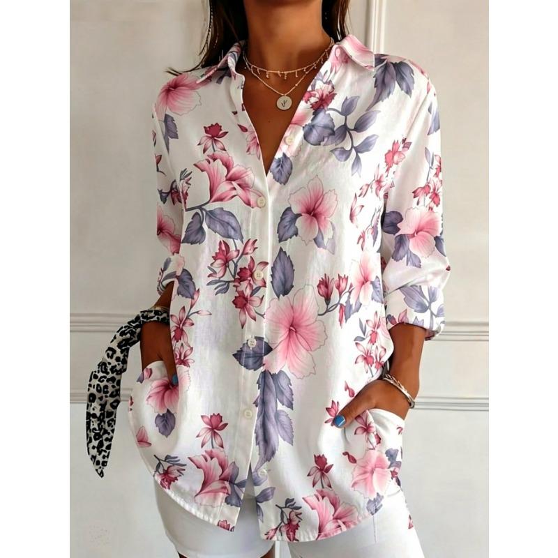 Four Seasons Printed Long Sleeves Turn-Down Sleeves Lapel Full Button Casual Shirt Loose