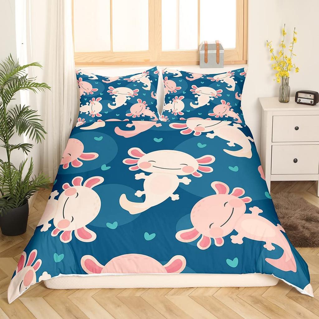 Мультяшный аксолотль Комплект пододеяльника King/Queen Size Детский Для девочек Мальчиков Милый Радужный Морская дикая природа Животное Рептилия Комплект постельного белья