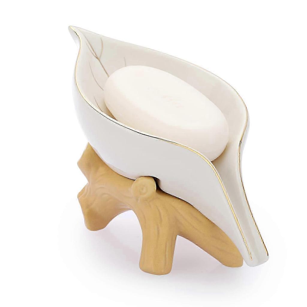 Ceramic Soap Dish Leaf Shaped Soap Dish Accessory for Bathroom, Shower, Kitchen, Wedding Gift (White+Gold)