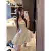 Премиальное милое и пикантное летнее платье-сарафан в горошек с открытой спиной, женское, взрывной стиль Spice girl, на бретелях, с завышенной талией, пышная короткая юбка, тренд
