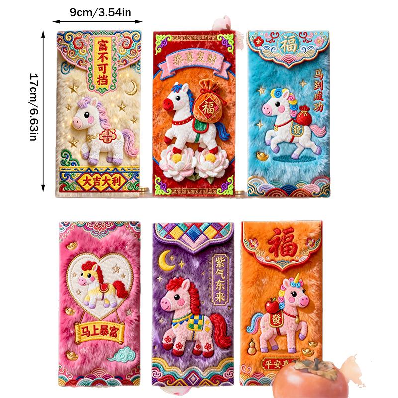 6Pcs/Pack 2026 Year Of The Horse Chinese  Year Lucky Money Envelopes Cartoon Red Packet For Spring Festival