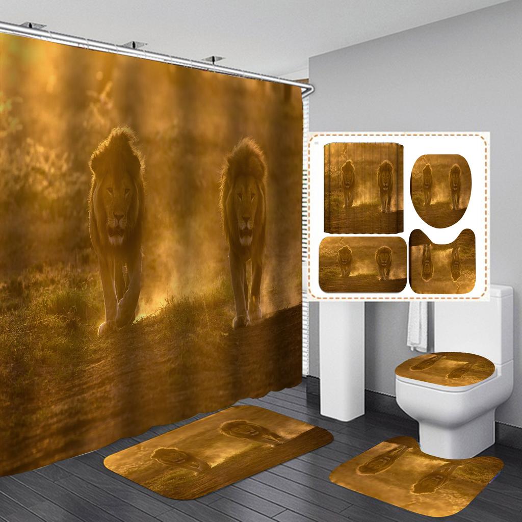 4 шт. наборы занавесок для душа серии Lion для ванной комнаты, нескользящие коврики для ванной комнаты, крышка для унитаза, коврик для ванной