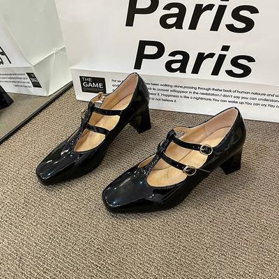 Модные туфли-лодочки с Т-образным ремешком женские весенне-осенние новые с квадратным носком на высоком каблуке с двойной пряжкой на толстом среднем каблуке туфли Мэри Джейн