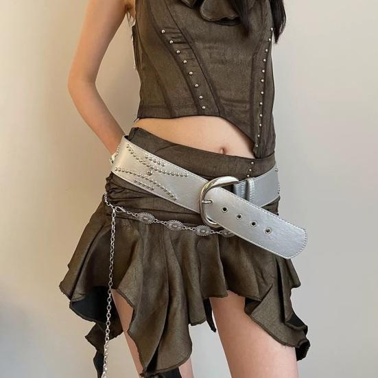 Imitation Leather Women Belt Wide Edge Design Adjustable Length Belt Punk Style Distressed Waistband