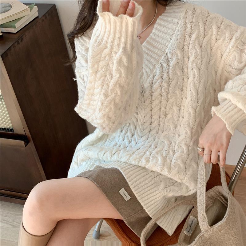 Chic Korean Fashion Oversized Sweaters Pullovers Elegant Vintage V Neck Women Winter Spring