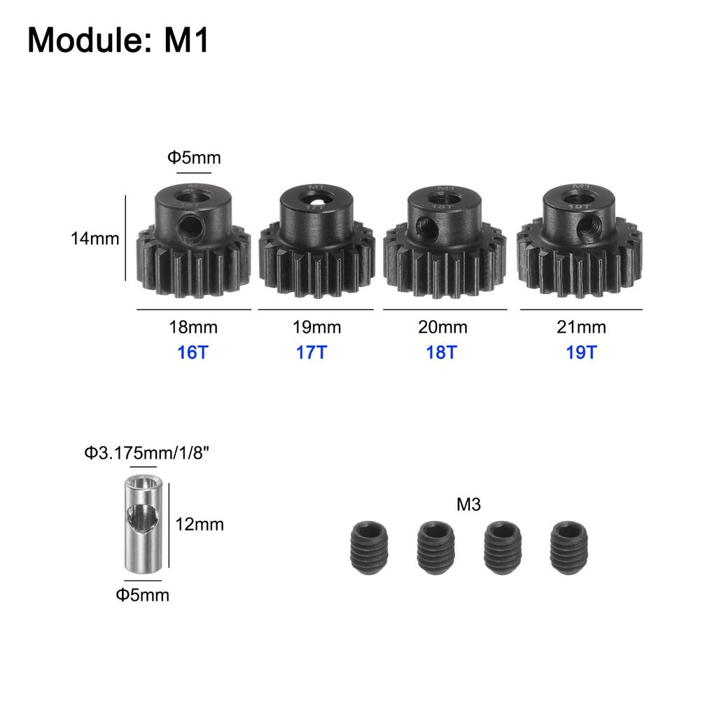 Uxcell Набор шестерен-пиньонов M1 Mod1, вал 5 мм, 16T, 17T, 18T, 19T, шестерни для моторов, закаленные стальные шестерни-пиньоны с муфтой 3,17 мм для RC-машин (4 шт)