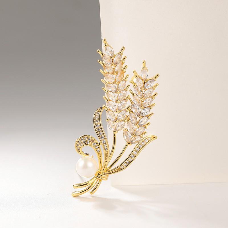 Elegant Wheat Stem Brooch Women Gold Plated Pearl Zircon Accessory Fashion Office Wear Pin