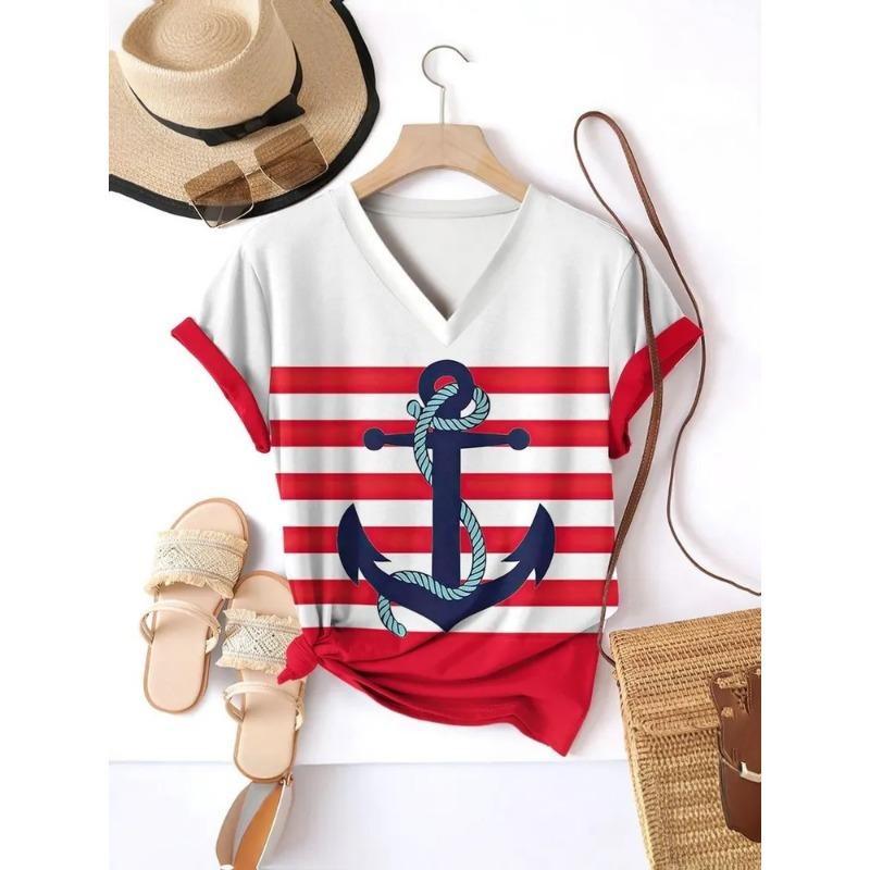 Полосатая графическая 3D футболка женская летняя с V-образным вырезом и коротким рукавом, праздничная повседневная футболка, женская уличная одежда, футболка оверсайз