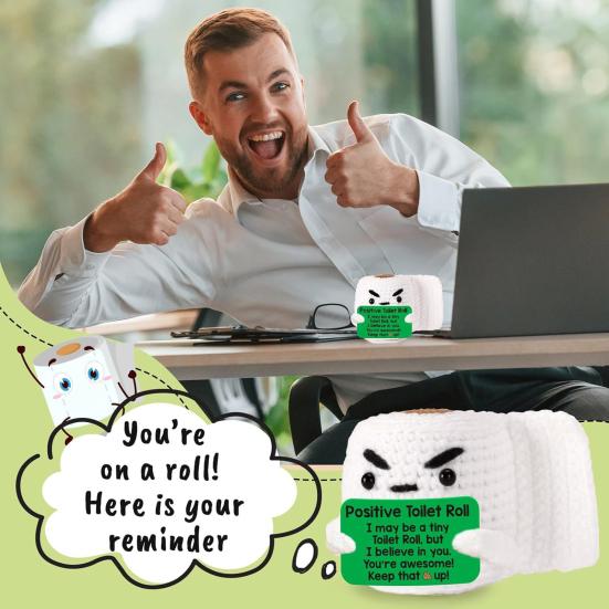 Crochet Toilet Roll with Positive Card Mini Handmade Knitting Roll Paper Doll Stress Relief Toy Home Office Desktop Decoration Ornament