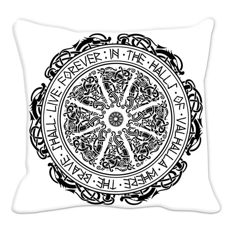 Funda de almohada con amuleto vikingo, cojín para sofá, decoración del hogar, funda geométrica en blanco y negro