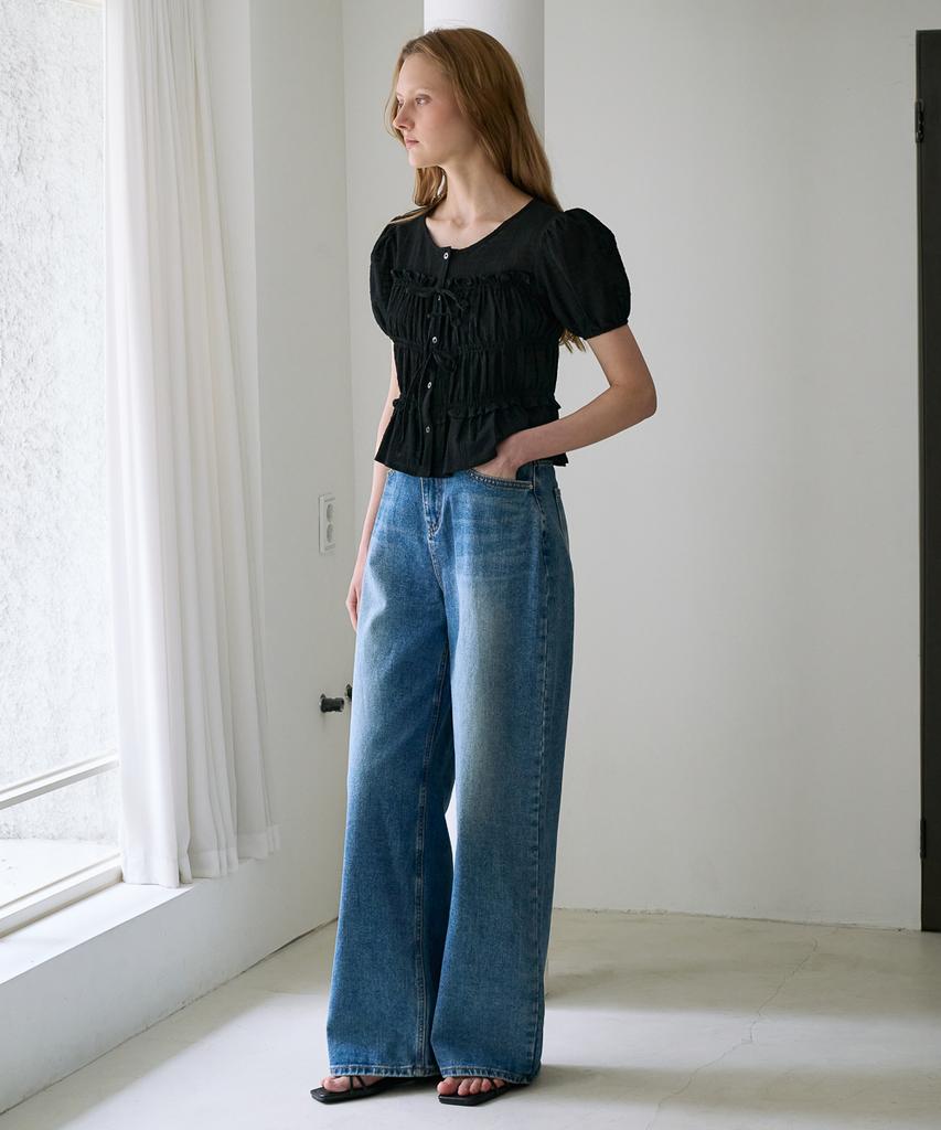 DEHEVE Ribbon Smocked Blouse [Black]
