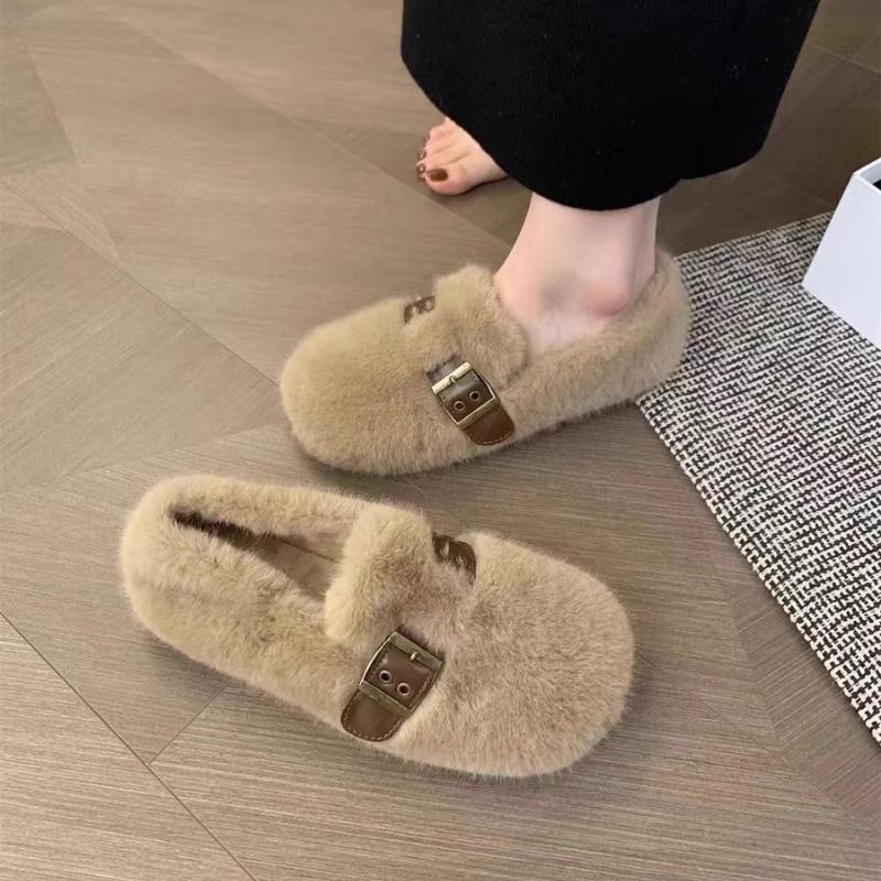 2024 Winter Warm Ladies Flat with Furry Shoes Fashion Buckle Strap Women Mules Fur Casual Flats Outdoor Indoor Female Loafers