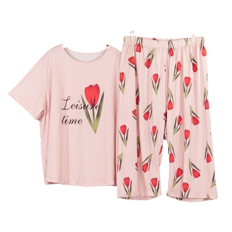 Women's Pajamas Rose Print Loose Comfortable Short Sleeve Capri Pants Home Wear Two Sets
