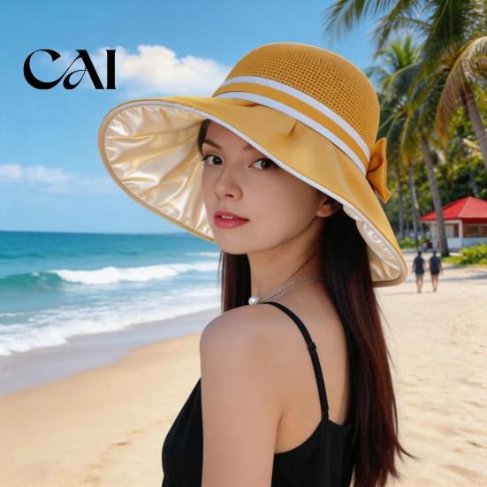 UV Protection Summer Hat Women Hollow Knit Bucket Hat, Wide Brim Sun Stylish Beach Accessories Foldable Caps for Commute Outdoor Fashion Bowknot