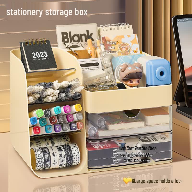 Desktop Organizer Box with Pen Holder and Drawers