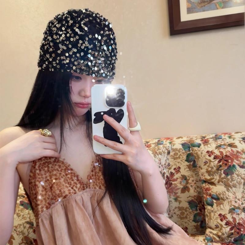Vintage Sequined Hollow Pullover Hats Women Summer Autumn Travel Photo Atmosphere Versatile Casual Y2K Knit Beanie Hat