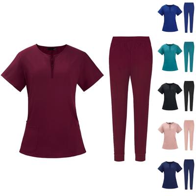 Женский быстросохнущий однотонный комплект брюк с короткими рукавами и косым воротником, карманами, рабочая одежда