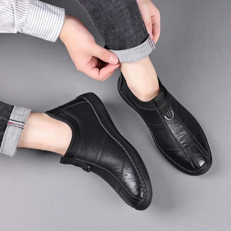 2025 Autumn New Shoes for Men Genuine Leather Casual Shoes Fashion Slip-on Loafers Winter Warm Plush Boots