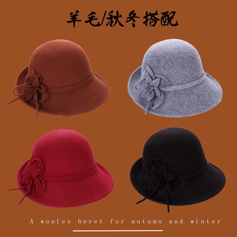 Autumn and winter upturned flower woolen hat lady elegant retro British style shopping hat wide-brimmed hat
