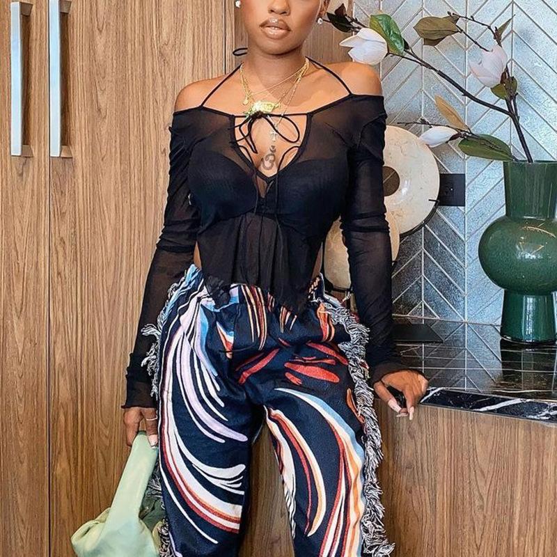 Женские блузки в стиле Харадзюку, летние сетчатые футболки с открытыми плечами для женщин, топ, женская футболка, женская футболка, топы с длинными рукавами, футболка