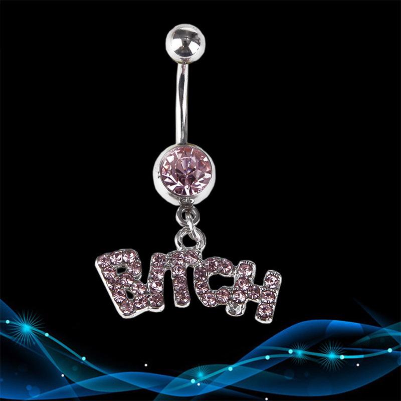 316L Stainless Steel Belly Button Ring with Pink Letter Pendant and Diamond-Set