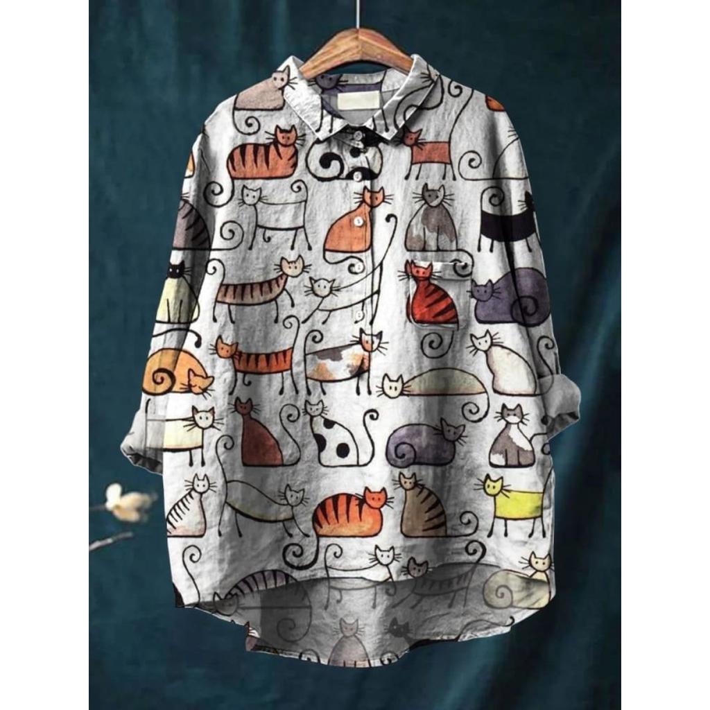 Женская повседневная свободная рубашка на пуговицах с цветочным принтом - Узор 'Косяк рыб'