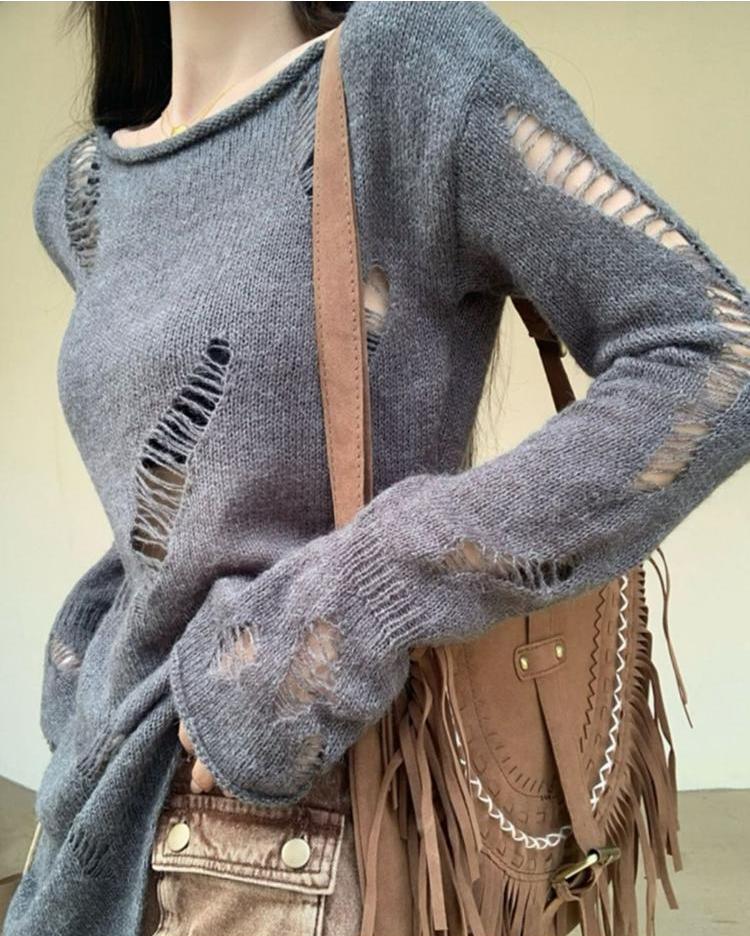 Kpop Grunge ажурный серый свитер женский Harajuku однотонный разделенный рваный вязаный джемпер весенние топы с длинными рукавами пуловер
