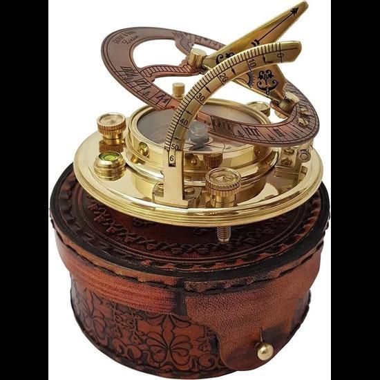 Nautical Sundial Compass with Leather Case Antique Solid Brass Compass Antique Brass & Copper Sundial Compass, Sundial Clock