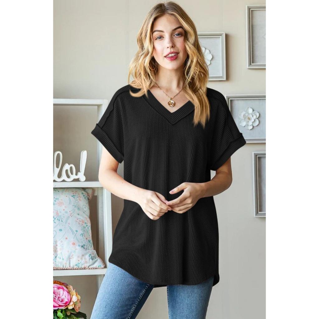 Casual Ribbed Jacquard Knit Loose V-Neck Short Sleeve T-Shirt, European American Style for Crossborder Dropshipping