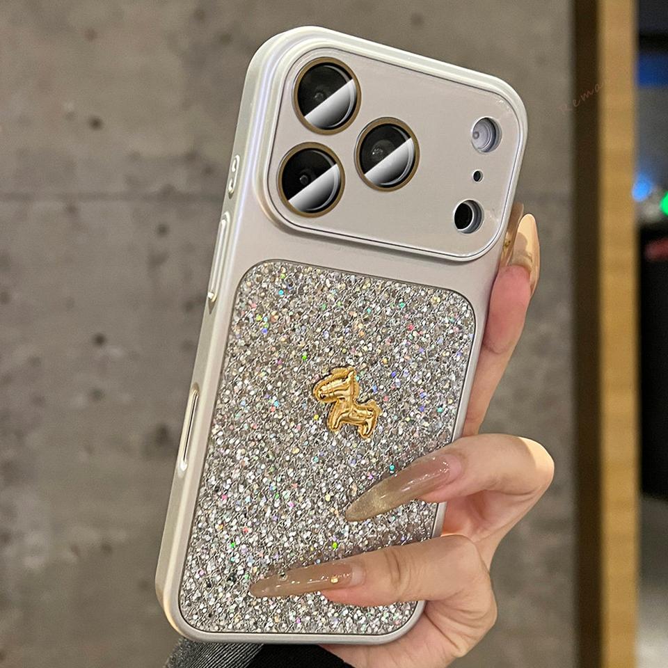 Официальный чехол для телефона с лошадью для iPhone 15 14 13 16 17 Pro Max 17Pro 16Pro Bling Bling Блестящий Защитный чехол с защитой камеры