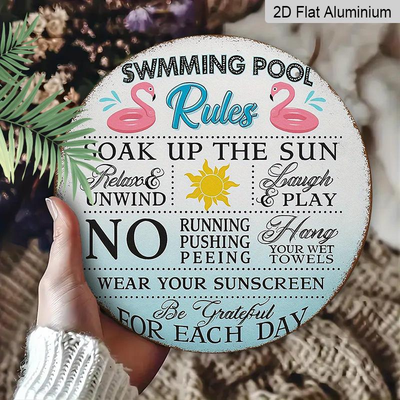 2D Flat, 1pc 7.87x7.87 Inch Round French Aluminum Sign, Vintage Decorative Plaque for "Pool Rules", "Pool Reminder" Decorative Sign, Suitable for
