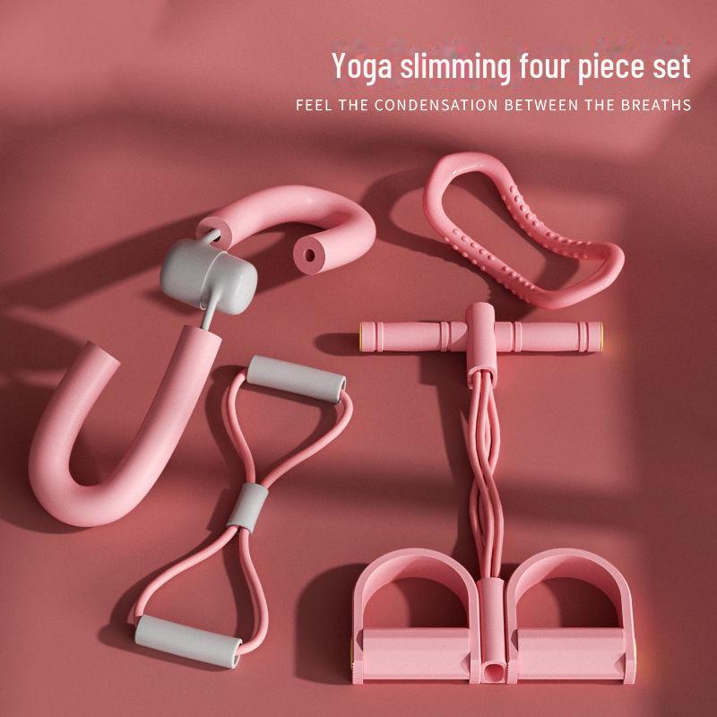 Комплект из четырех предметов для йоги: Педальный съемник, устройство для красоты ног, тонер для бедер и кольцо для йоги.